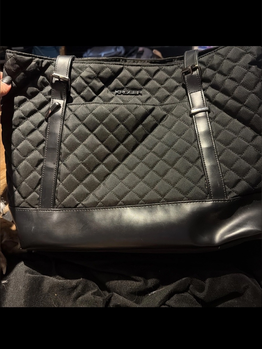 Kroger Quilted Black Tote with Leather Trim
